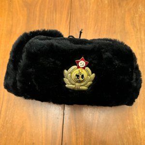 Russian Ushanka Military Hat Black w/Soviet Red Army Badge w/Viscose Top